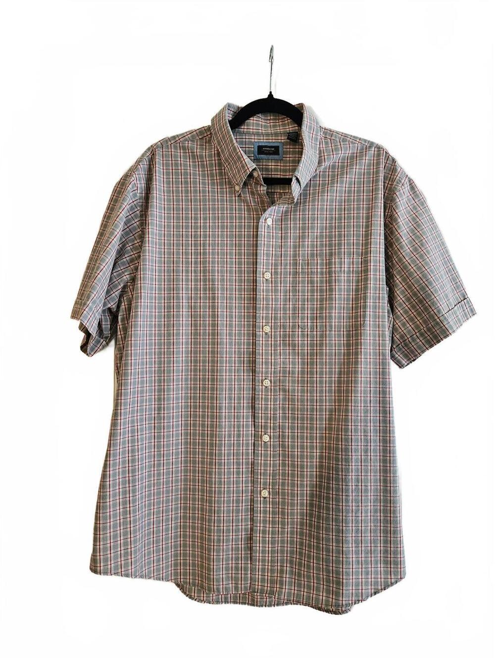 Arrow Men's Hamilton Poplin Plaid Short-Sleeve XL Button-Down Shirt-Classic Prep